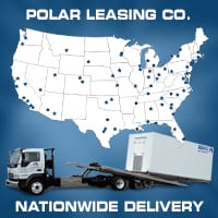 A trailer truck with a walk-in freezer and a world map in the background