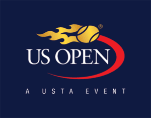 US open logo in navy blue, red, gold, white